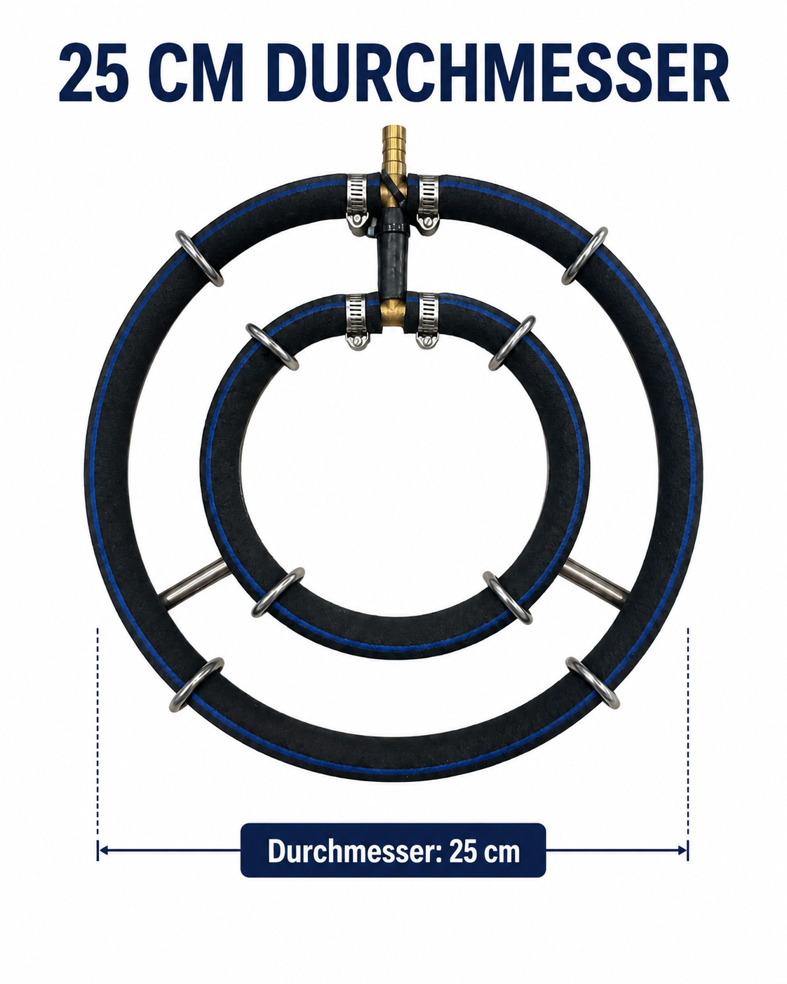 Abmessungen des Edelstahl-Belüfterrings mit zwei Ringen und 25 cm Durchmesser
