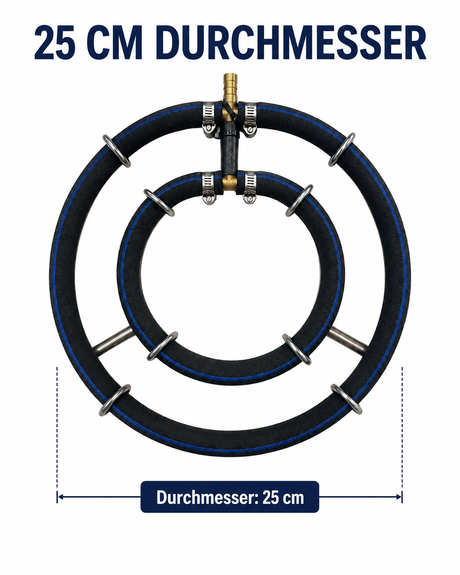 Abmessungen des Edelstahl-Belüfterrings mit zwei Ringen und 25 cm Durchmesser