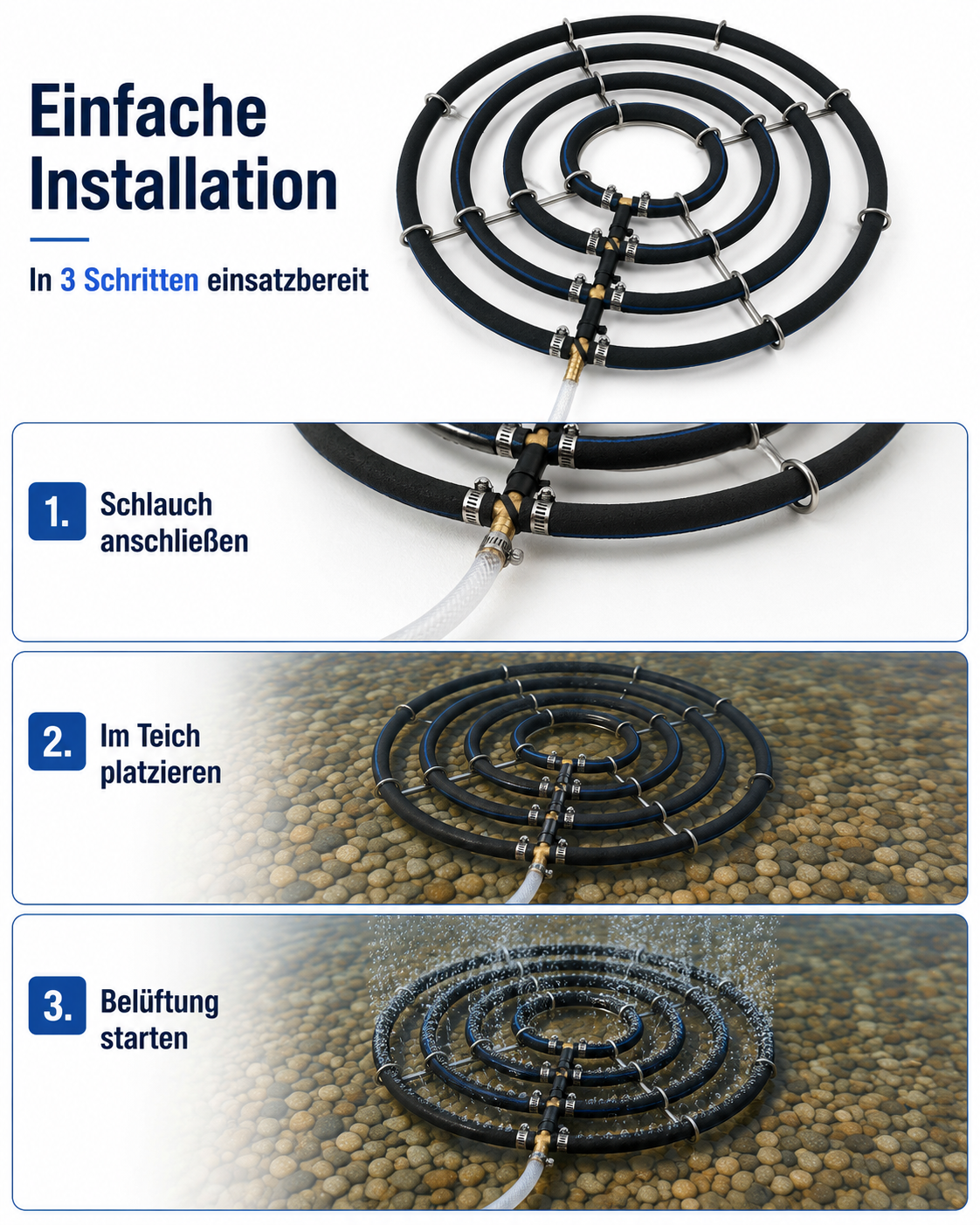 Einfache Installation des Edelstahl-Belüfterrings mit vier Ringen im Gartenteich