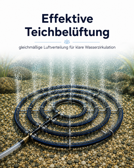 Edelstahl-Belüfterring im Teich mit feinen Luftblasen zur effektiven Sauerstoffversorgung
