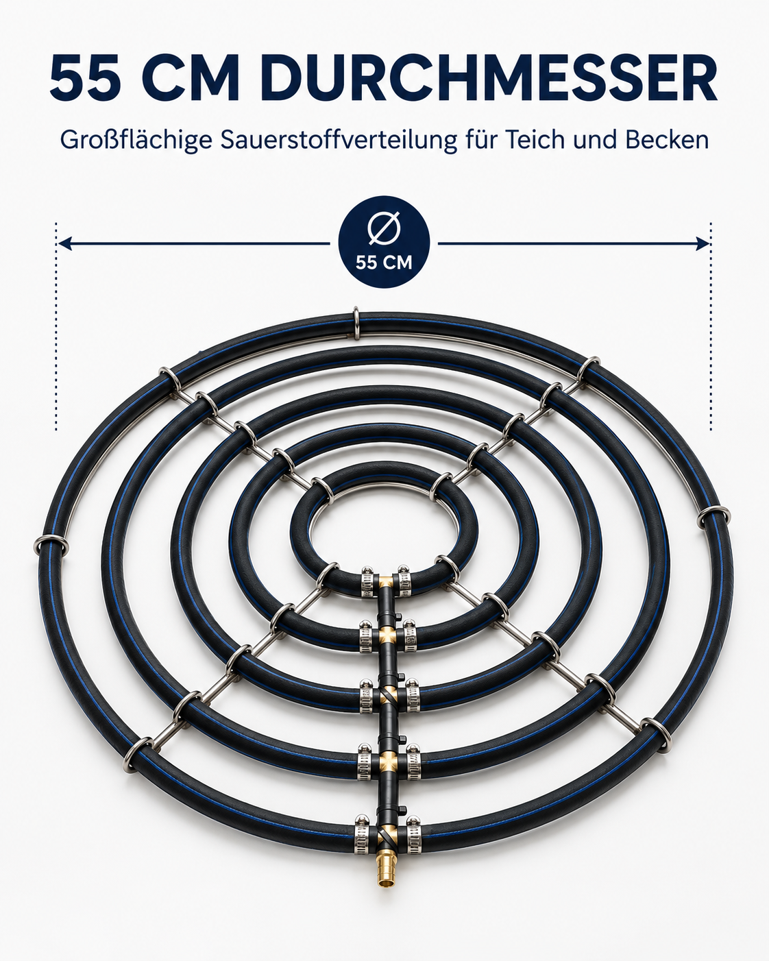 Abmessungen des Edelstahl-Belüfterrings mit fünf Ringen und 55 cm Durchmesser