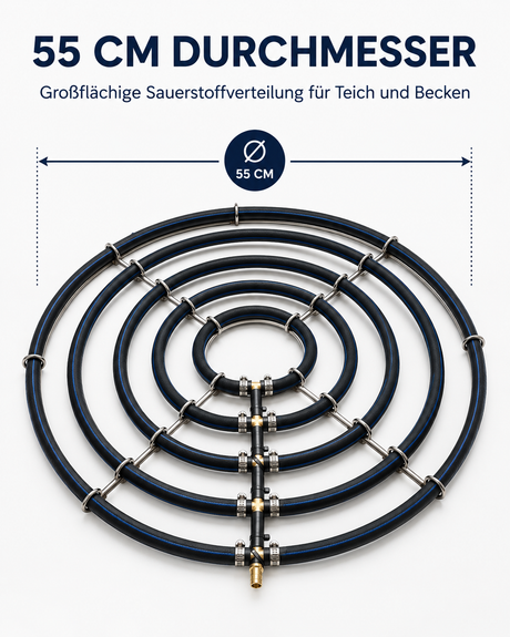Abmessungen des Edelstahl-Belüfterrings mit fünf Ringen und 55 cm Durchmesser