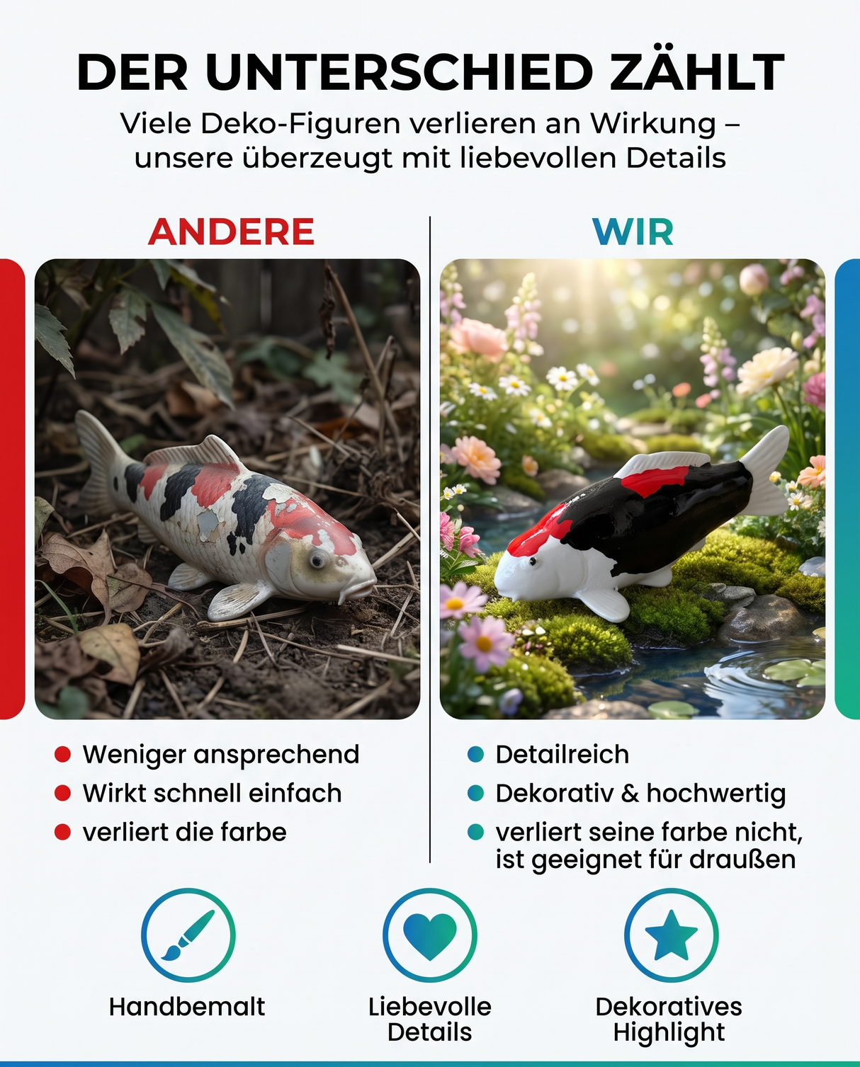 Vergleich einer einfachen Fischfigur mit einer detailreichen Beni Kumonryo Koi-Figur als hochwertige besondere Deko für Garten und Teichbereich