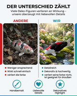 Vergleich einer einfachen Fischfigur mit einer detailreichen Beni Kumonryo Koi-Figur als hochwertige besondere Deko für Garten und Teichbereich