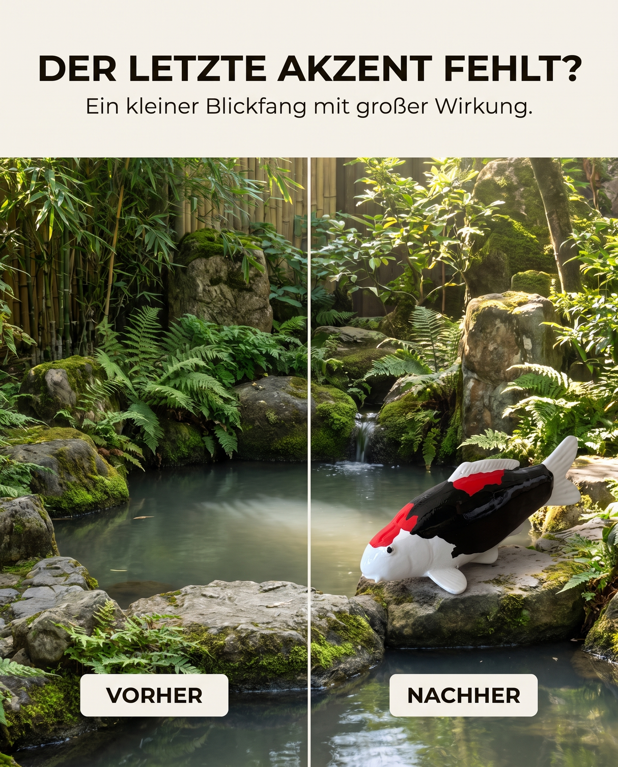 Beni Kumonryo Karpfen-Figur als dekorativer Akzent am Gartenteich zwischen Felsen, Moos und Pflanzen für besondere Garten- und Teichdeko