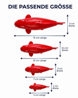 Rote Benigoi Koi-Figur in 15, 10, 7 und 4 cm als Größenübersicht – handbemalte Fischfigur mit kräftiger roter Farbgebung und detailreicher Schuppenstruktur als besondere Japan-Deko für Wohnbereich, Terrasse, Garten oder Teichbereich