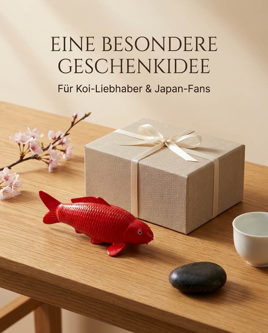 Rote Benigui Koi-Figur neben Geschenkbox als besondere Geschenkidee und dekorative Fischfigur für Koi- und Japan-Liebhaber