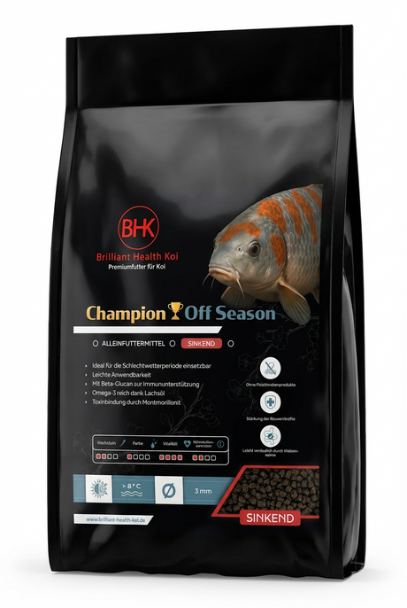 BHK Champion Off Season Koi Futter – schwimmendes Premiumfutter für Koi in schwarzer Verpackung