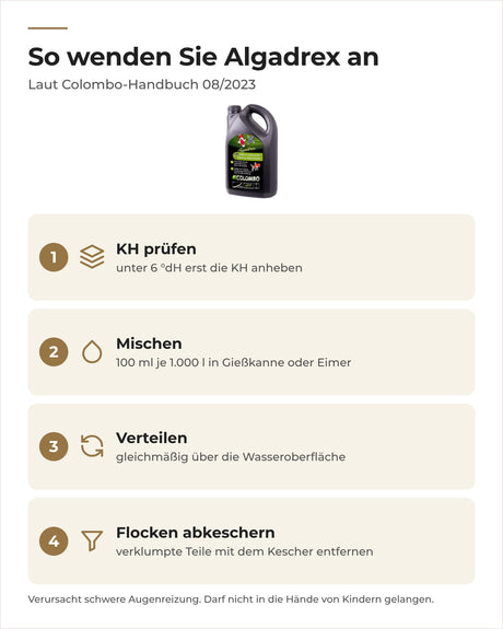 Colombo Algadrex anwenden: KH prüfen, 100 ml je 1.000 l mischen, verteilen, Flocken abkeschern
