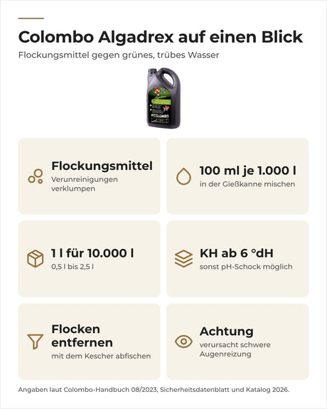 Colombo Algadrex auf einen Blick: Flockungsmittel, 100 ml je 1.000 l, nur ab KH 6 °dH, Flocken abkeschern