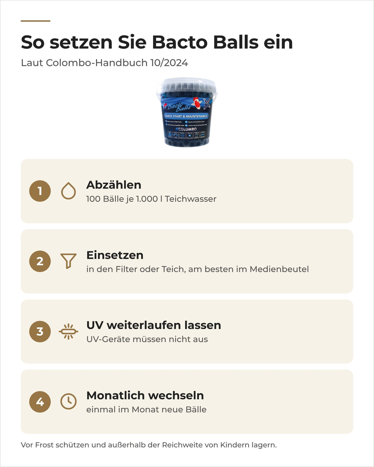 Colombo Bacto Balls einsetzen: 100 Bälle je 1.000 l abzählen, in Filter oder Teich geben, monatlich wechseln