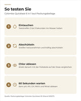 So testen Sie mit dem Colombo Quicktest: eintauchen, abschütteln, Chlor ablesen, nach 60 Sekunden den Rest