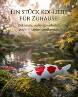 Doitsu Maruten Kohaku Koi-Figur in Rot-Weiß als besondere Japan-Deko am Gartenteich – handbemalte Fischfigur für Garten, Terrasse, Teichbereich und Koi-Liebhaber