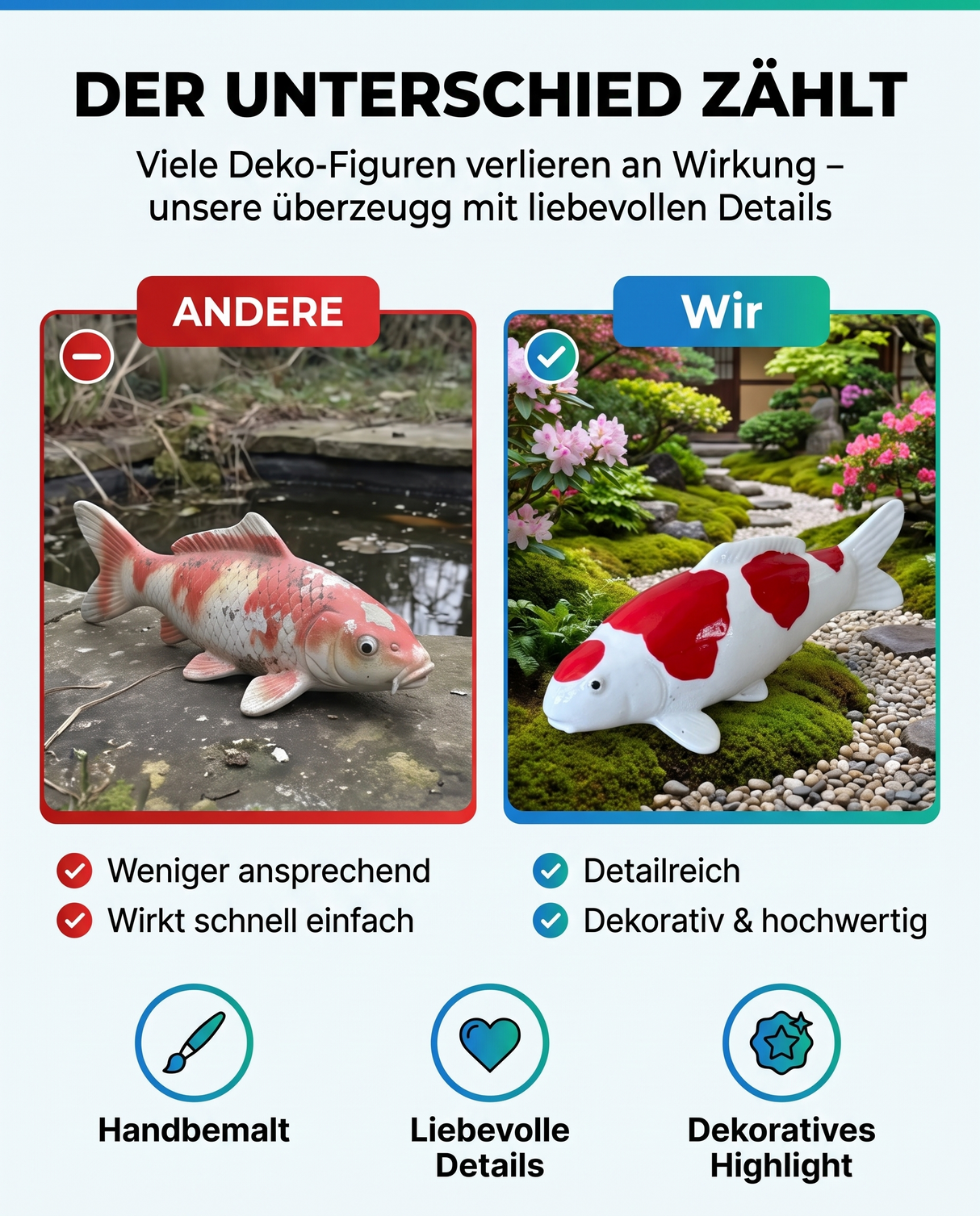 Vergleich einer Doitsu Maruten Kohaku Koi-Figur mit herkömmlicher Deko – handbemalte rot-weiße Fischfigur mit detailreicher Optik als besondere Japan-Deko für Garten, Terrasse und Teichbereich
