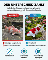 Vergleich einer Doitsu Maruten Kohaku Koi-Figur mit herkömmlicher Deko – handbemalte rot-weiße Fischfigur mit detailreicher Optik als besondere Japan-Deko für Garten, Terrasse und Teichbereich