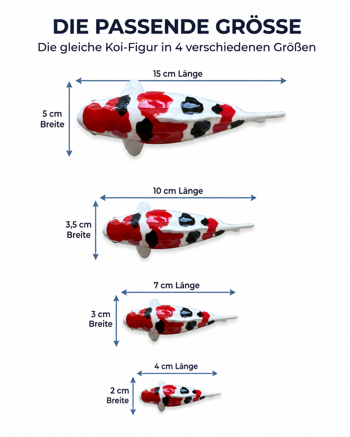 Doitsu Sanke Koi-Figur in 15, 10, 7 und 4 cm als Größenübersicht – handbemalte rot-weiß-schwarze Fischfigur und besondere Japan-Deko für Wohnbereich, Schreibtisch, Terrasse, Garten oder Teichbereich
