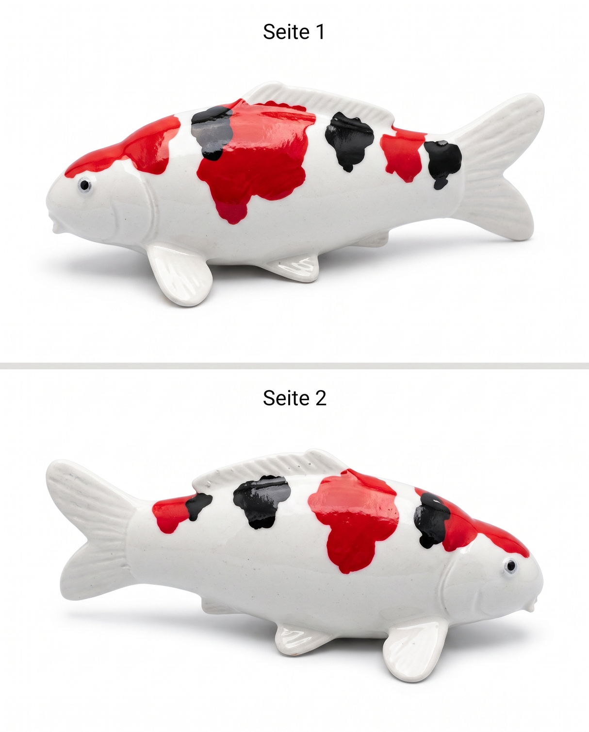 Doitsu Sanke Koi-Figur in Rot, Weiß und Schwarz von beiden Seiten – handbemalte Fischfigur mit markanter Zeichnung als besondere Japan-Deko für Wohnbereich, Terrasse, Garten oder Teichbereich