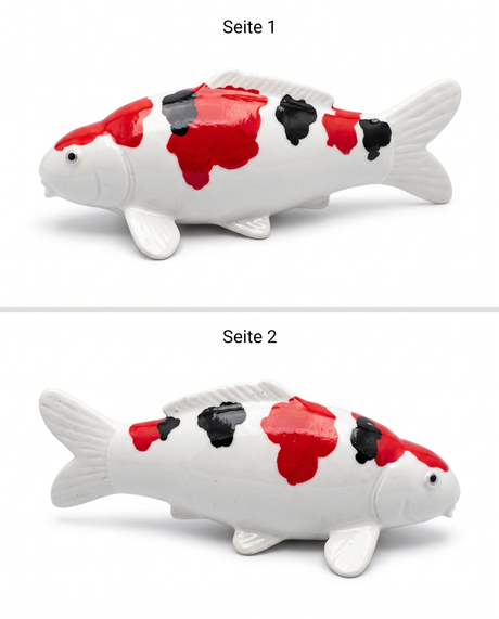 Doitsu Sanke Koi-Figur in Rot, Weiß und Schwarz von beiden Seiten – handbemalte Fischfigur mit markanter Zeichnung als besondere Japan-Deko für Wohnbereich, Terrasse, Garten oder Teichbereich