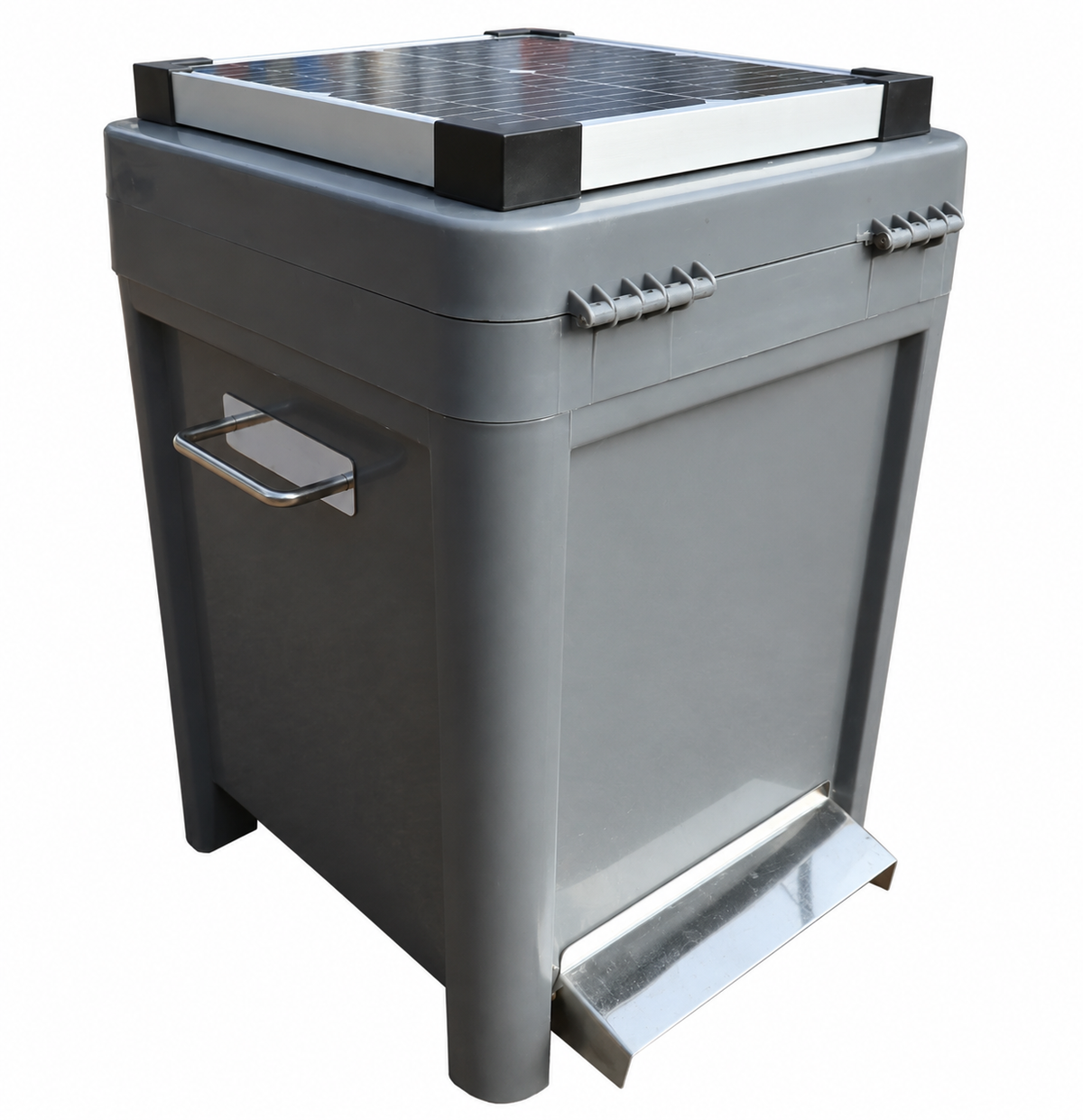 DVS FL10 Koi Futterautomat mit 6 Liter Fassungsvermögen, integriertem Solarpanel und seitlicher Futterausgabe auf weißem Hintergrund.