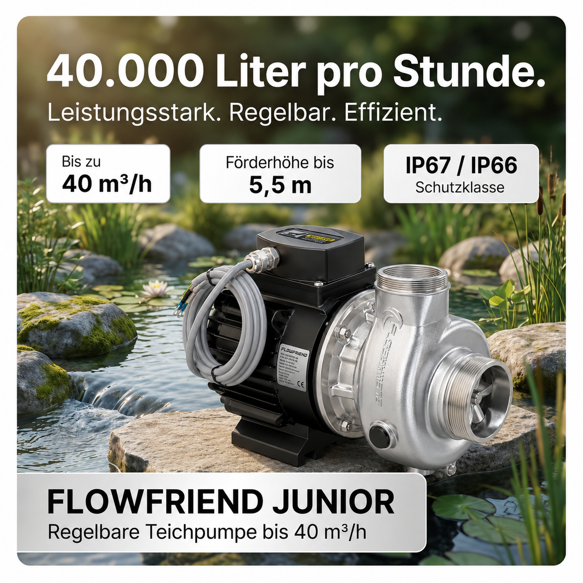 FlowFriend Junior Teichpumpe mit bis zu 40.000 l/h Förderleistung, 5,5 m Förderhöhe und Schutzklasse IP67/IP66