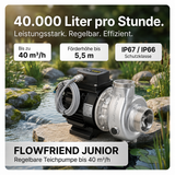 FlowFriend Junior Teichpumpe mit bis zu 40.000 l/h Förderleistung, 5,5 m Förderhöhe und Schutzklasse IP67/IP66