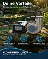 FlowFriend Junior Teichpumpe am Koiteich mit regelbarer Leistung von 2–40 m³/h, energieeffizientem Betrieb und zuverlässigem Schutz