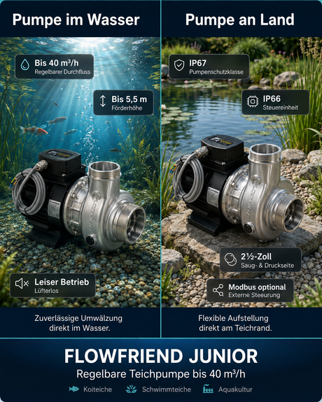 FlowFriend Junior Teichpumpe für den Einsatz im Wasser und an Land mit bis zu 40 m³/h Förderleistung, 5,5 m Förderhöhe und leisem Betrieb