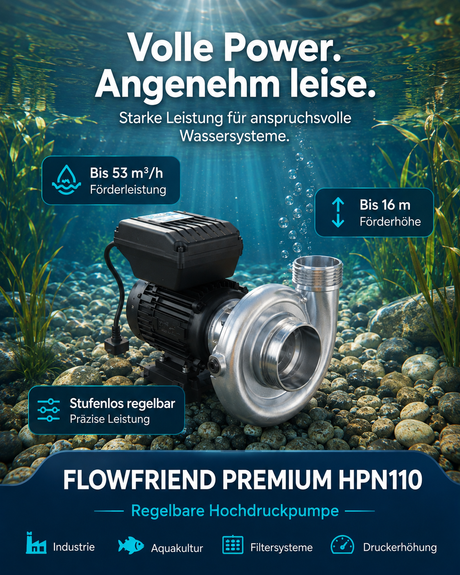 FlowFriend Premium HPN110 regelbare Hochdruckpumpe für Teich, Aquakultur und Filtersysteme mit bis zu 53 m³/h Förderleistung und 16 m Förderhöhe