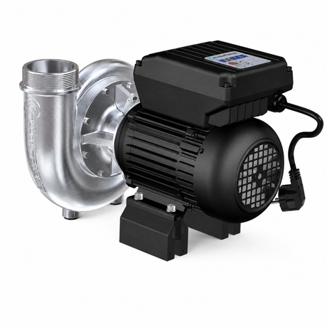 FlowFriend Premium HPN110 Hochdruckpumpe in Rückansicht mit Motor, integrierter Steuerung und Edelstahl-Pumpengehäuse für anspruchsvolle Wassersysteme