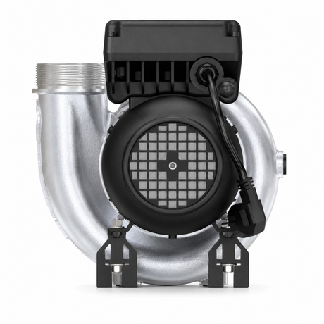 FlowFriend Premium HPN110 Hochdruckpumpe in Rückansicht mit Motor, Steuerung und Anschlusskabel für anspruchsvolle Wasser- und Teichsysteme