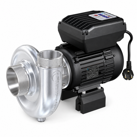 FlowFriend Premium HPN110 regelbare Hochdruckpumpe in Seitenansicht mit Edelstahl-Pumpengehäuse, Motor und integrierter Steuerung