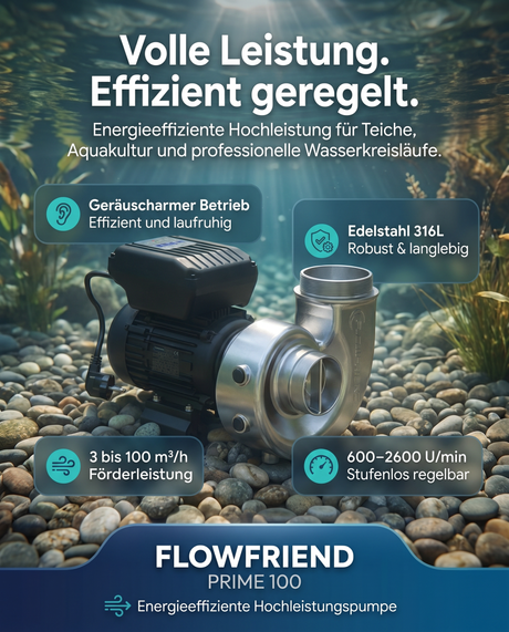 FlowFriend Prime 100 energieeffiziente Hochleistungspumpe für Koiteich und Aquakultur mit 3 bis 100 m³/h Förderleistung, Edelstahl 316L und stufenloser Drehzahlregelung