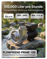 FlowFriend Prime 100 energieeffiziente Teichpumpe mit bis zu 100.000 Litern pro Stunde, stufenloser Drehzahlregelung und maximal 1225 W Leistung