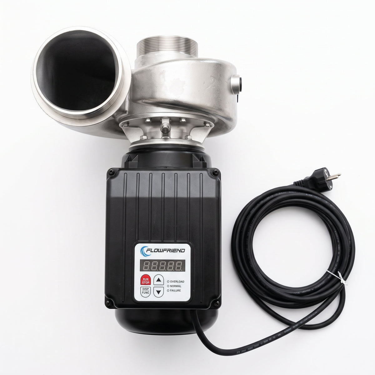 FlowFriend Prime 100 Hochleistungs-Teichpumpe in Draufsicht mit Edelstahl-Pumpengehäuse, integrierter Steuerung und Anschlusskabel