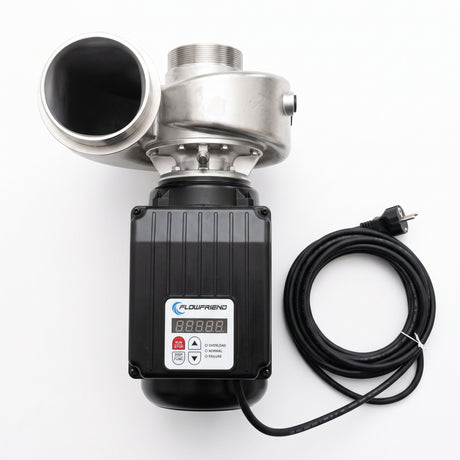 FlowFriend Prime 100 Hochleistungs-Teichpumpe in Draufsicht mit Edelstahl-Pumpengehäuse, integrierter Steuerung und Anschlusskabel