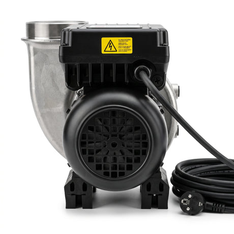 FlowFriend Prime 100 Hochleistungs-Teichpumpe in Rückansicht mit Motor, Steuerung und Anschlusskabel für Koi-, Teich- und Filtersysteme