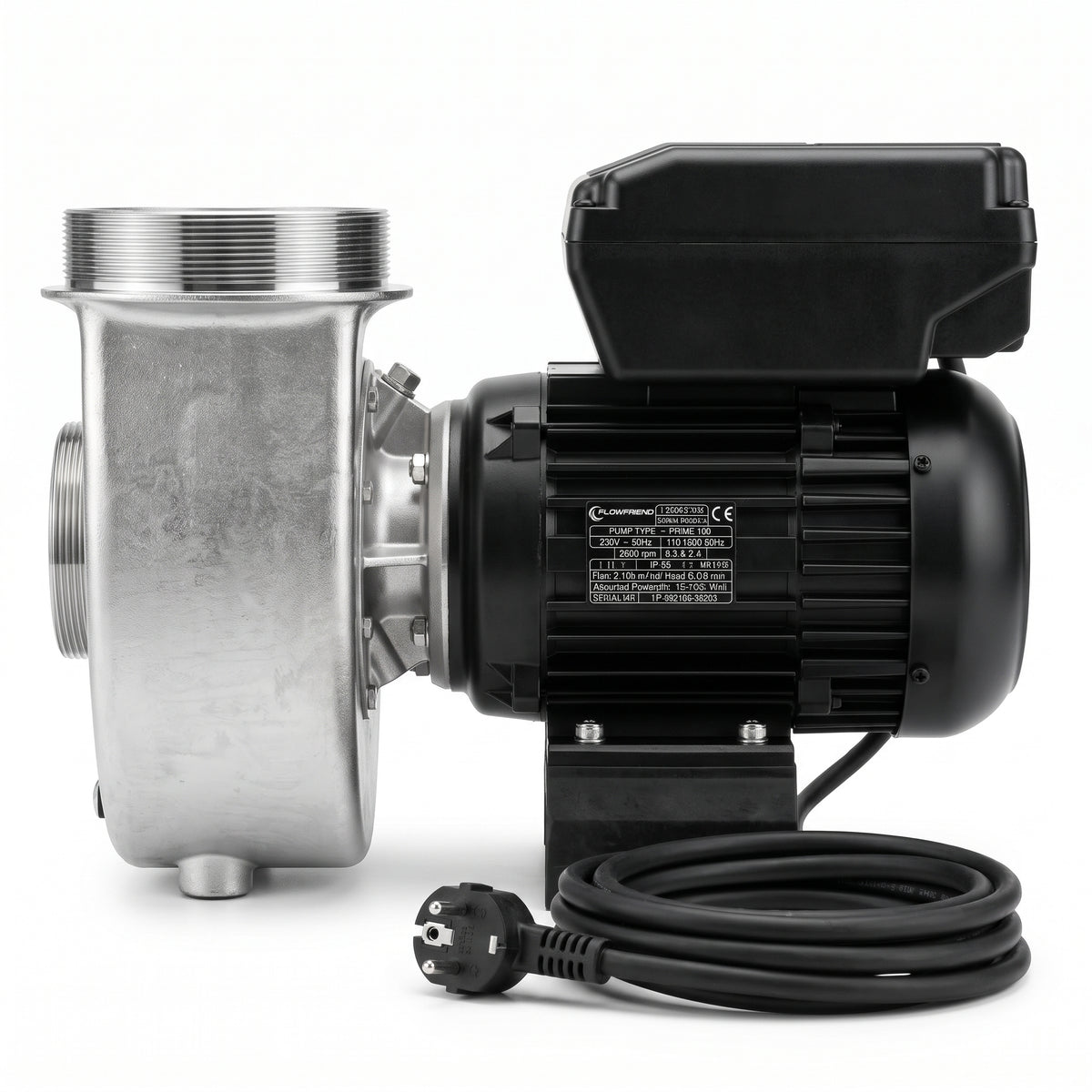FlowFriend Prime 100 energieeffiziente Hochleistungs-Teichpumpe in Seitenansicht mit Edelstahl-Pumpengehäuse für Koi-, Teich- und Filtersysteme