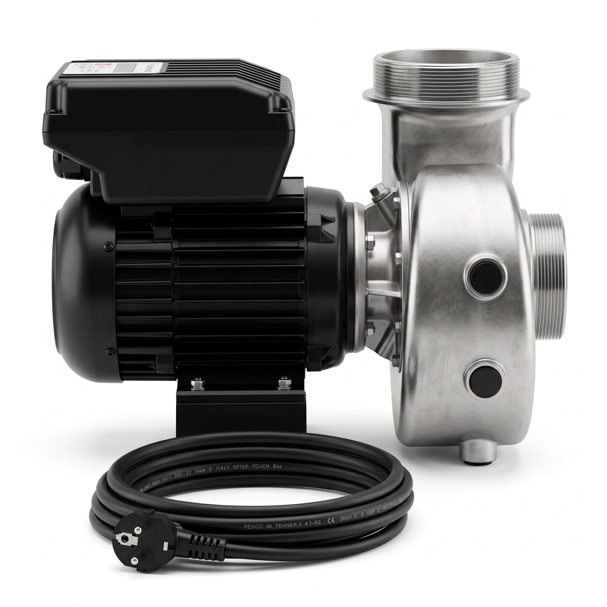FlowFriend Prime 100 energieeffiziente Hochleistungs-Teichpumpe in Seitenansicht mit Edelstahl-Pumpengehäuse, Motor und Anschlusskabel für Koi- und Teichanlagen