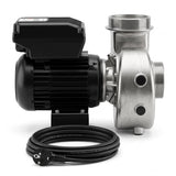 FlowFriend Prime 100 energieeffiziente Hochleistungs-Teichpumpe in Seitenansicht mit Edelstahl-Pumpengehäuse, Motor und Anschlusskabel für Koi- und Teichanlagen