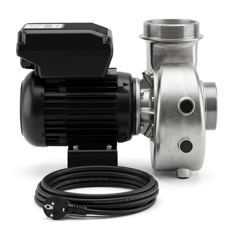 FlowFriend Prime 100 energieeffiziente Hochleistungs-Teichpumpe in Seitenansicht mit Edelstahl-Pumpengehäuse, Motor und Anschlusskabel für Koi- und Teichanlagen