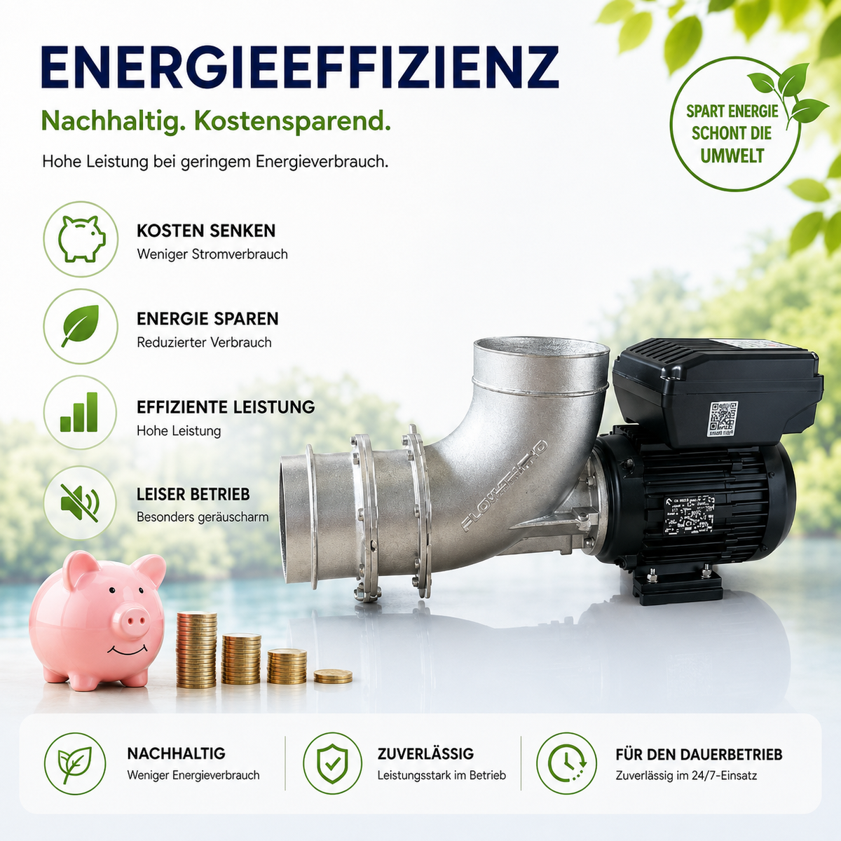 FlowFriend Pro RF144 Teichpumpe mit Fokus auf Energieeffizienz, leisem Betrieb, reduziertem Stromverbrauch und zuverlässigem Dauerbetrieb