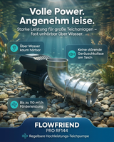 FlowFriend Pro RF144 Hochleistungs-Teichpumpe Koiteichpumpe 110 m³/h leise geräuscharm Förderleistung Edelstahlhydraulik regelbar 600–2600 U/min Teichanlage Filtersystem Aquakultur Umwälzung