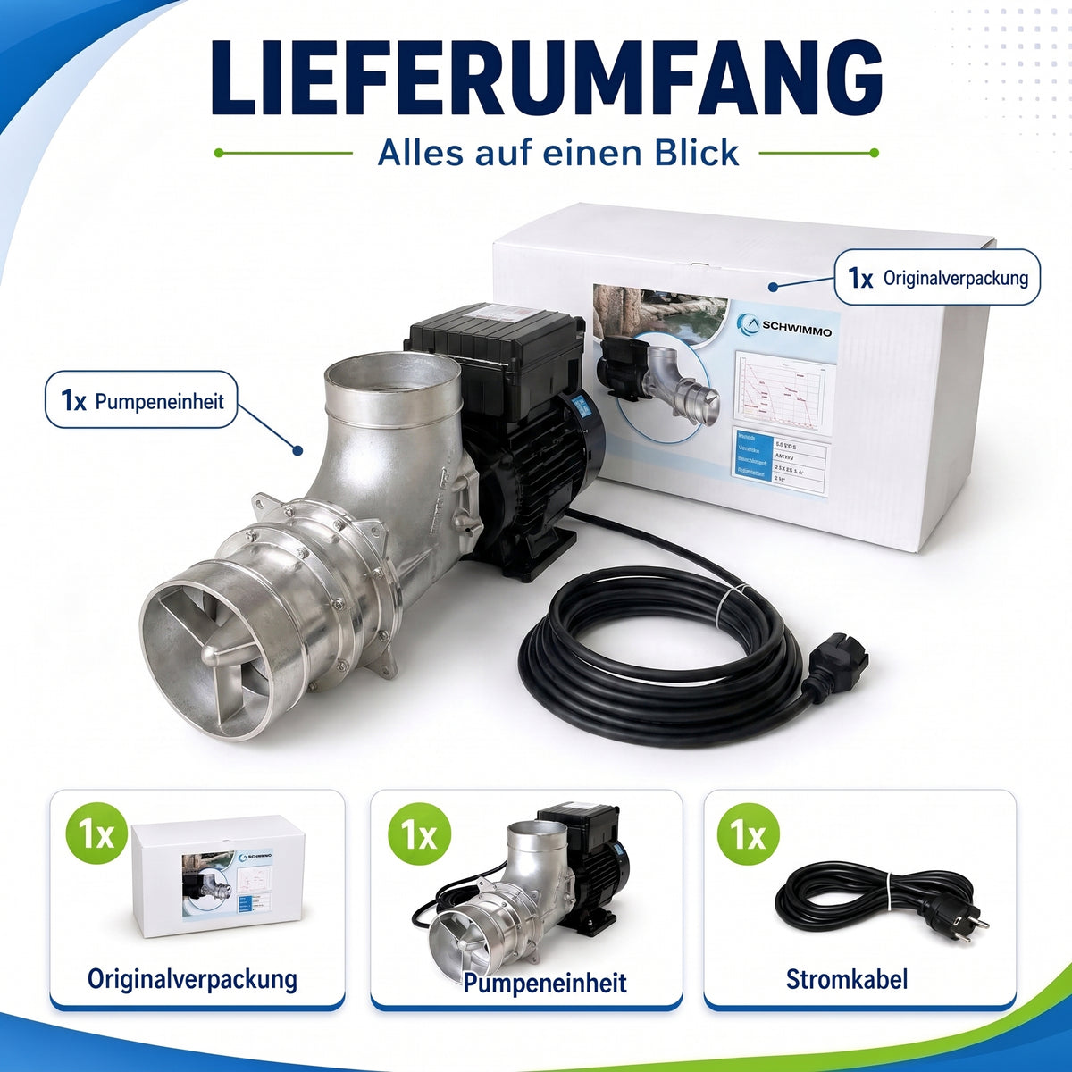 Lieferumfang der FlowFriend Pro RF144 Teichpumpe mit Pumpeneinheit, Stromkabel und Originalverpackung