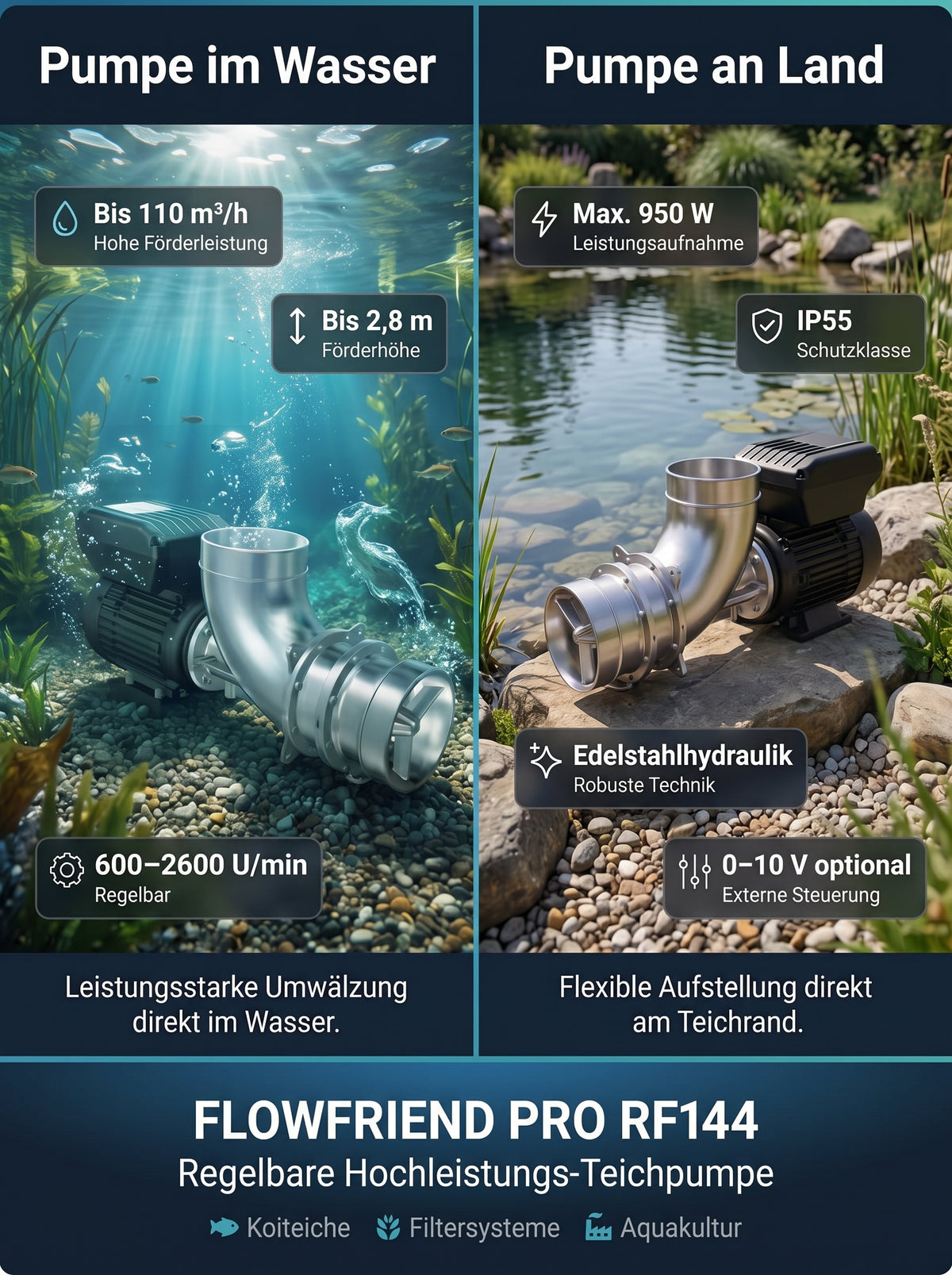 FlowFriend Pro RF144 Teichpumpe für den Einsatz im Wasser und an Land mit bis zu 110 m³/h Förderleistung und 2,8 m Förderhöhe