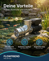 FlowFriend Pro RF144 Koiteichpumpe Hochleistungspumpe 110 m³/h stufenlos regelbar 600–2600 U/min leise effizient Edelstahl Trommelfilter Aquakultur Umwälzung Teichfilter