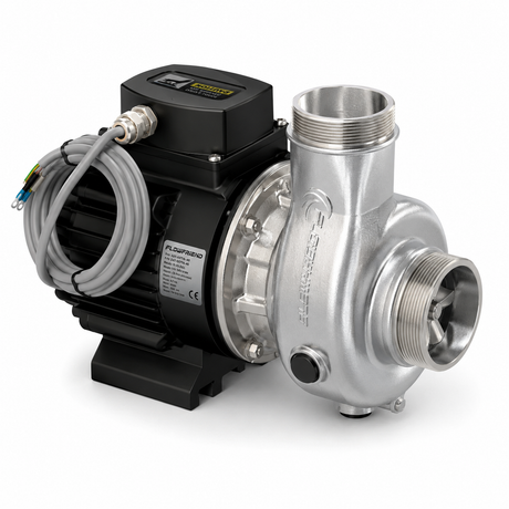 FlowFriend Pumpe Edelstahl Volutengehäuse Elektromotor Anschlusskabel Kreiselpumpe Pumpentechnik Wassertechnik Teichbau Aquakultur Industrie Energieeffizienz Gewindeanschluss Laufrad Produktfoto weißer Hintergrund
