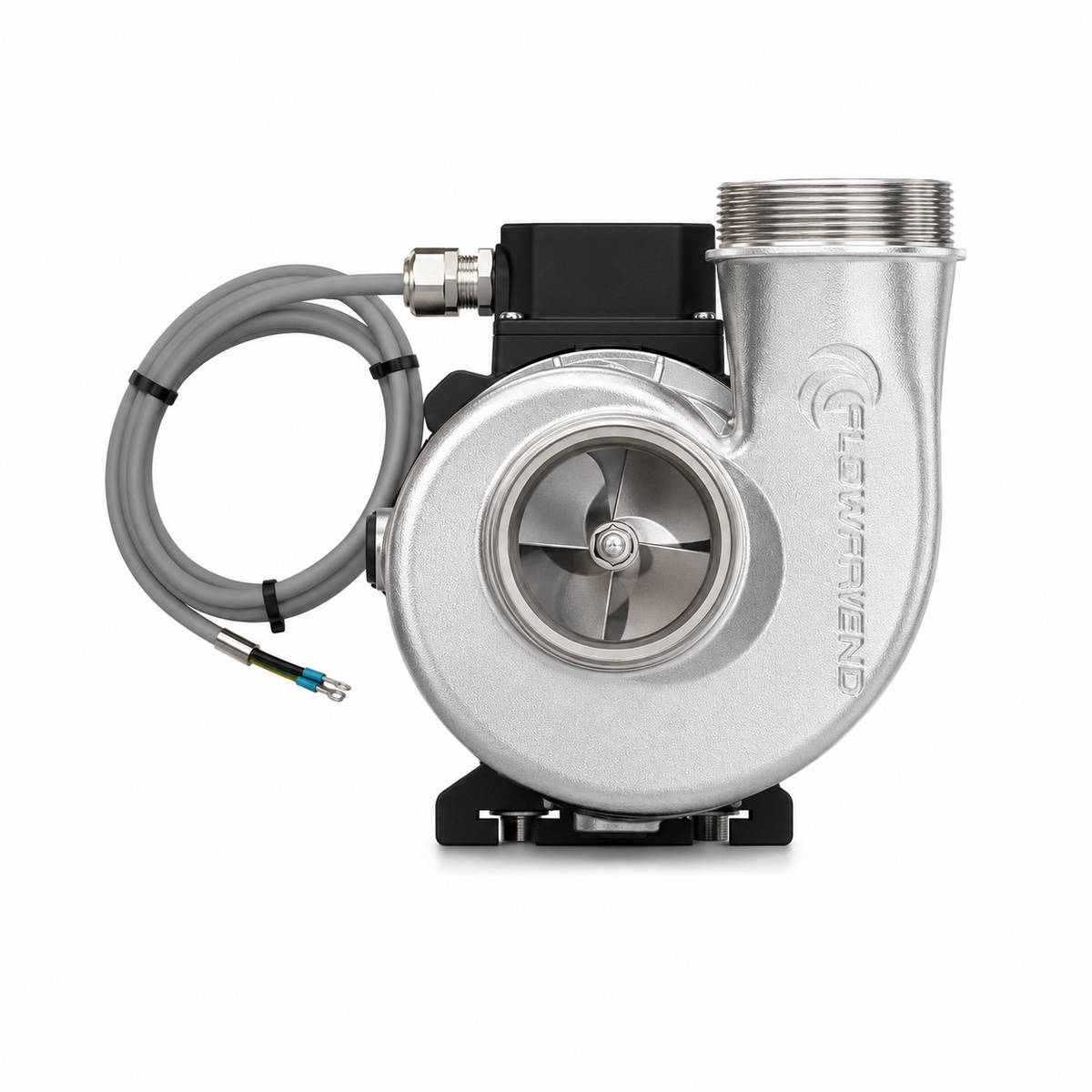 FlowFriend Pumpe Edelstahl Volutengehäuse Frontansicht Laufrad Gewindeanschluss Elektromotor Anschlusskabel Kreiselpumpe Pumpentechnik Wassertechnik Teichbau Aquakultur Industrie Energieeffizienz Produktfoto Weißhintergrund