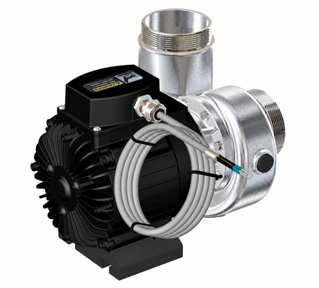 FlowFriend Pumpe Elektromotor Anschlusskabel Volutengehäuse Edelstahl Kreiselpumpe Pumpentechnik Wassertechnik Teichbau Aquakultur Industrie Energieeffizienz Gewindeanschluss Motorkühlung Produktfoto weißer Hintergrund