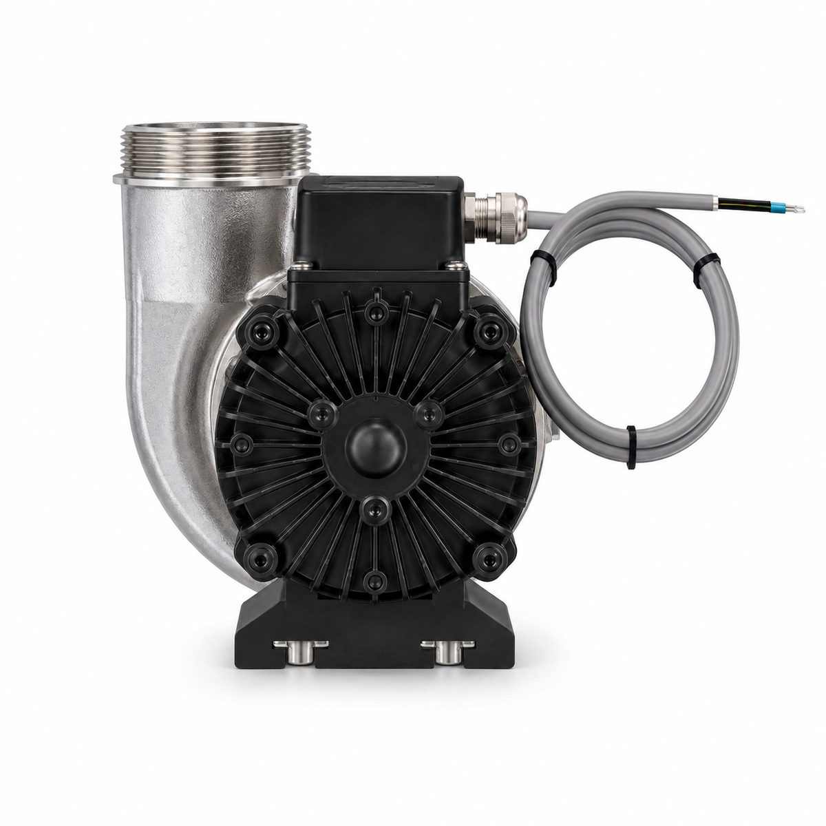 FlowFriend Pumpe Elektromotor Rückansicht Motorkühlung Anschlusskabel Edelstahl Volutengehäuse Kreiselpumpe Pumpentechnik Wassertechnik Teichbau Aquakultur Industrie Energieeffizienz Gewindeanschluss Produktfoto Weißhintergrund