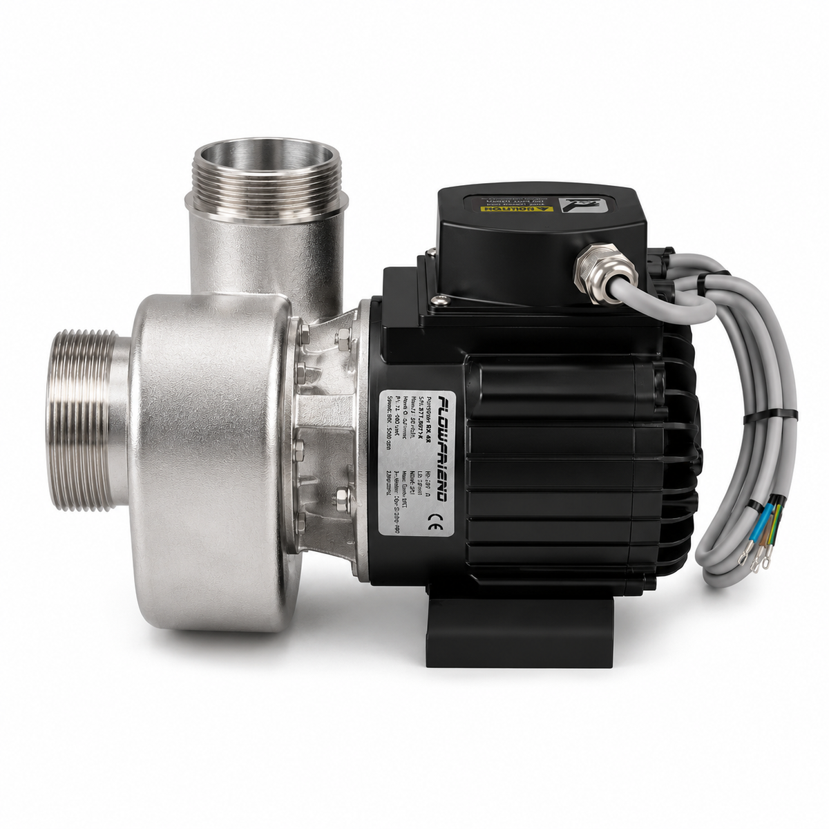 FlowFriend Pumpe Elektromotor Seitenansicht Edelstahl Volutengehäuse Gewindeanschluss Anschlusskabel Kreiselpumpe Pumpentechnik Wassertechnik Teichbau Aquakultur Industrie Energieeffizienz Typenschild Produktfoto Weißhintergrund
